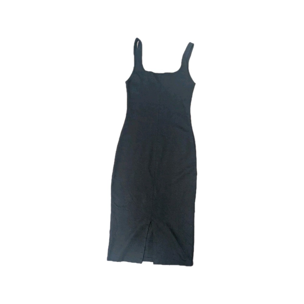 ZARA WOMAN BLACK KNIT BODYCON MIDI SLIP DRESS Square Neck Strappy Size Small